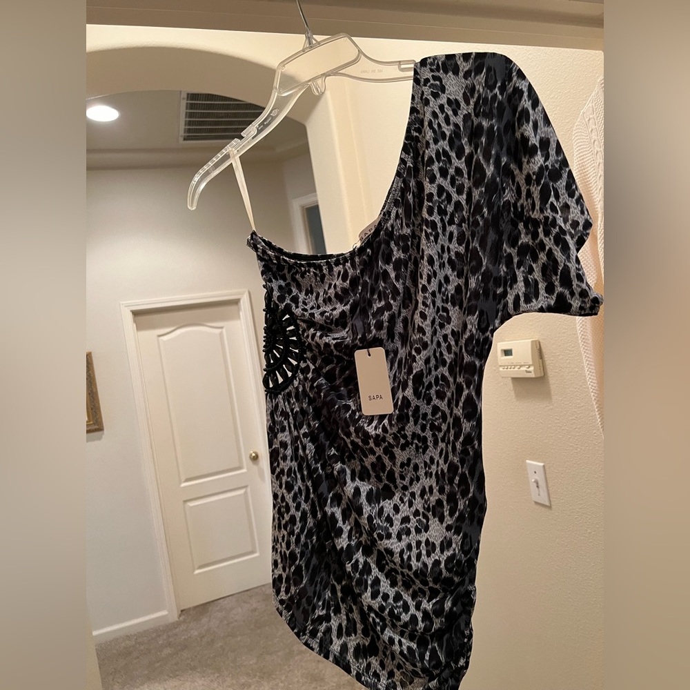 Saba NWT one shoulder animal print black blue top size large with side beading.